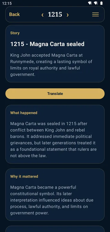 Event screen for 1215, Magna Carta sealed, with what happened and why it mattered