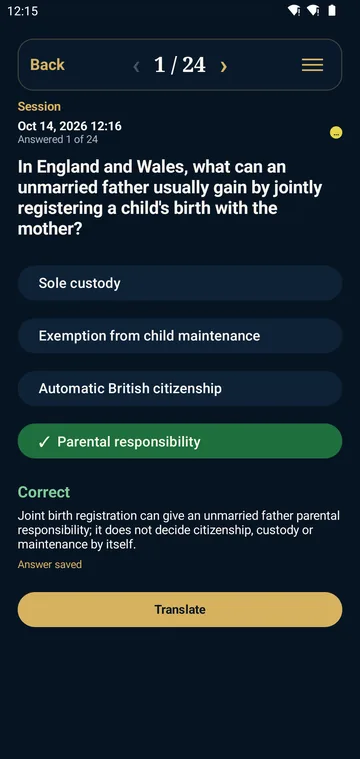A Life in the UK practice question answered correctly, with an explanation