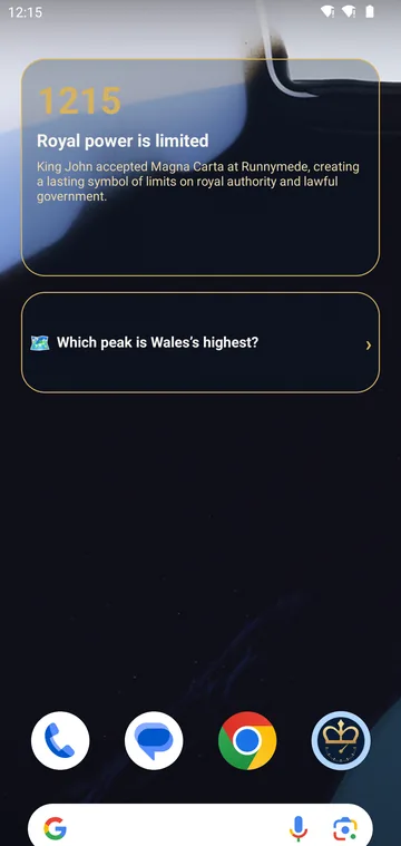 The history widget at 12:15 showing Magna Carta, with the quiz widget below